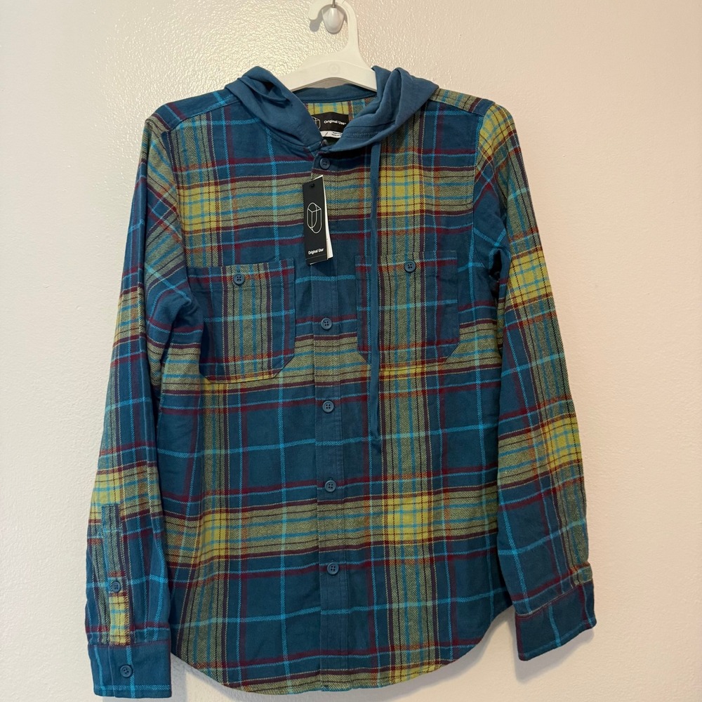 Original Use Mens Hooded Flannel Shirt Green Blue Plaid Relaxed Fit S NEW
